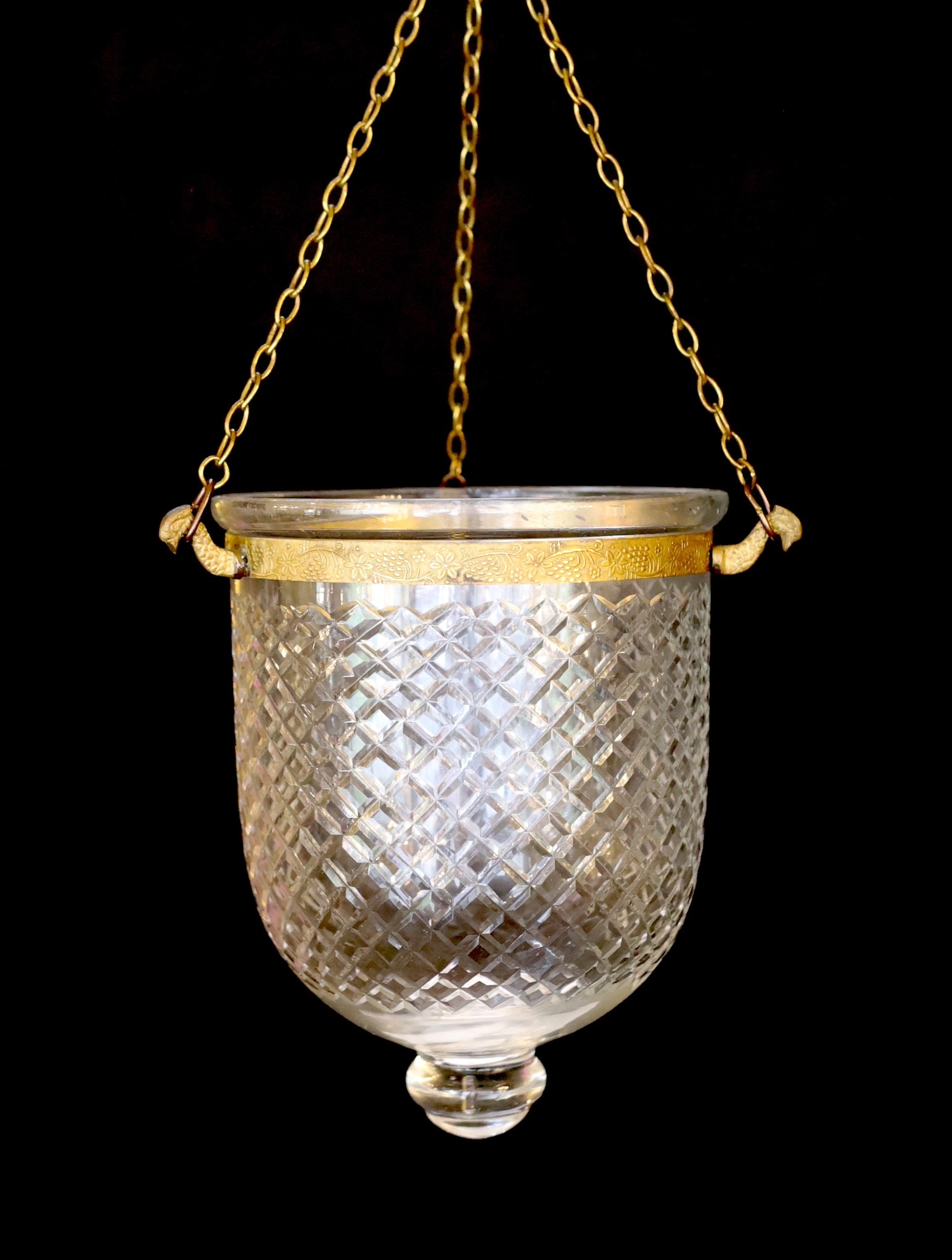 A pair of cut glass hurricane style ceiling lights, height 24cm. width 19cm